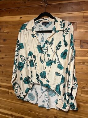 Rachel Cream Button-Down Shirt with Teal Floral Print
